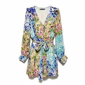 Zara Naya Floral Mini Dress Belted Ruffle Long Sleeve Size M NWOT